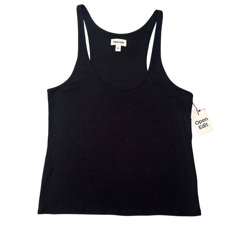 Open Edit Black Ribbed Pima Cotton Racerback Tank Top Size Large NWT Stretch
